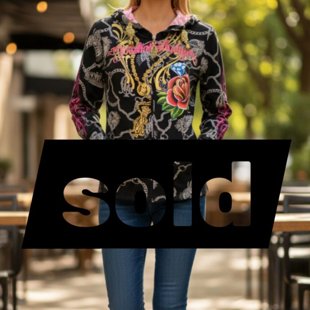 Original Christian Audigier Hoodie "Full of Grace" Gold Hardware Lined Sz XS